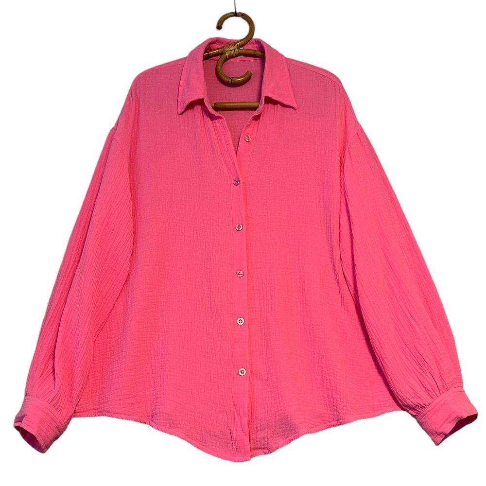 Priv |‎ Hot Pink Cotton Gauze Button Front Shirt Size XL